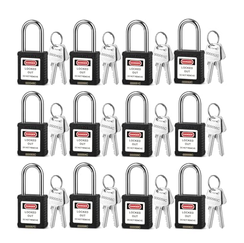 Image of Lockout Tagout Locks 12-Pack｜OSHA Black Loto Locks Keyed Different｜2 Keys /Lock for Industrial Machinery & Electrical Panels｜Chrome Steel & Laser Coding