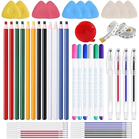 QLFJ-FurDec 52pcs Marker Tools for Sewing Tailors, Including 10 Tailors Chalk, 5 Disappearing Ink Pen for Fabric, 12 Sewing Mark Chalk Pencil, 4 Heat Erasable Fabric Marking Pens with 16 Refills Cover