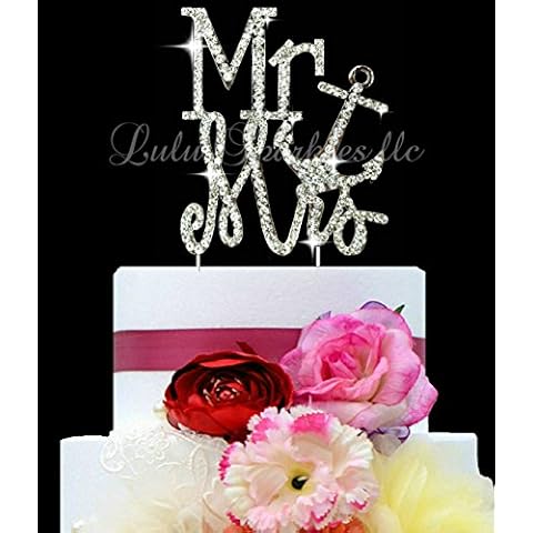 Lulu Sparkles LLC Crystal Rhinestone Nautical Mr & Mrs Anchor Wedding Cake Topper Cake Decoration Bling Keepsake Cover