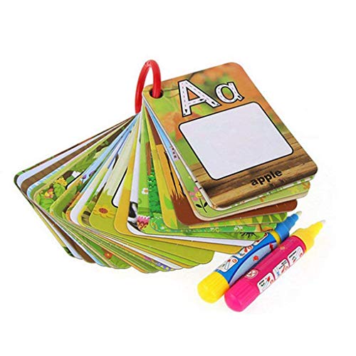 FLORMOON Tablero de dibujo de niños Tarjeta de Pintura de Agua A-Z 26 Cartas de Pintura de Agua de Letras Reutilizables para Mostrar Tarjetas de Palabras, 2 bolígrafos mágicos incluidos Cover