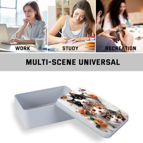 Image of Metal Tin Box with Lid, Cute Cats and Roses | For Game Cards, Home Organizer, Equipped with 4 Magnetic Cord Clips, Candles Keys Crafts Storage