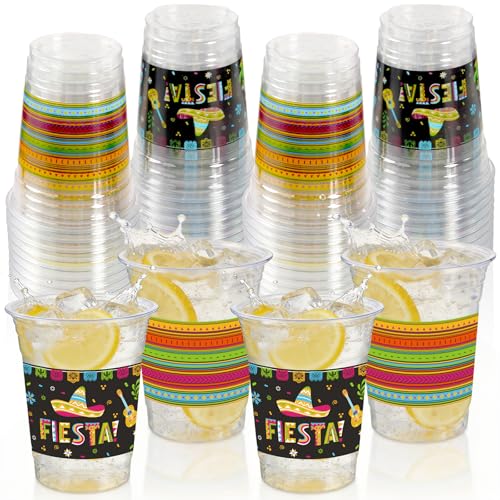Cinco De Mayo Decorations Plastic Cups - 50pcs 12 Oz Plastic Clear Mexican Cups Disposable Drinking Cups For Fiesta Mexican Taco Bar Birthday Party Supplies Decorations