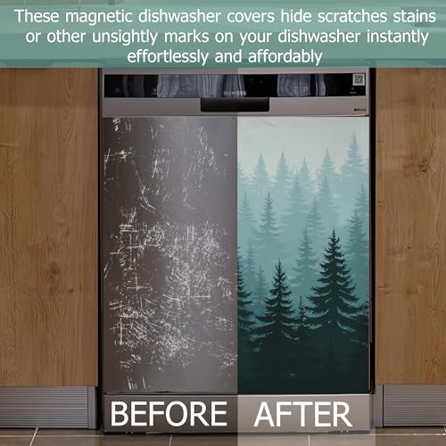 Image of Foggy Forest Refrigerator Magnet Cover,Green Pine Trees Washable Dishwasher Magnets Decorative Cover,Home Kitchen Decorative Dishwasher Front Panel Cover 23x26 Inch