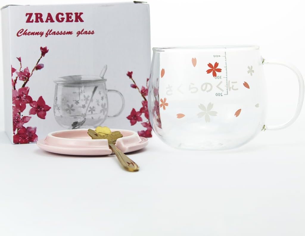 Cute Home Coffee Glass, Creative 14Oz Large Capacity Tea Cup with Handle and Lid, Office Heat Resistant Sakura Cup, Water Glasses, Coffee Cups(Pink A,3 Piece Set)
