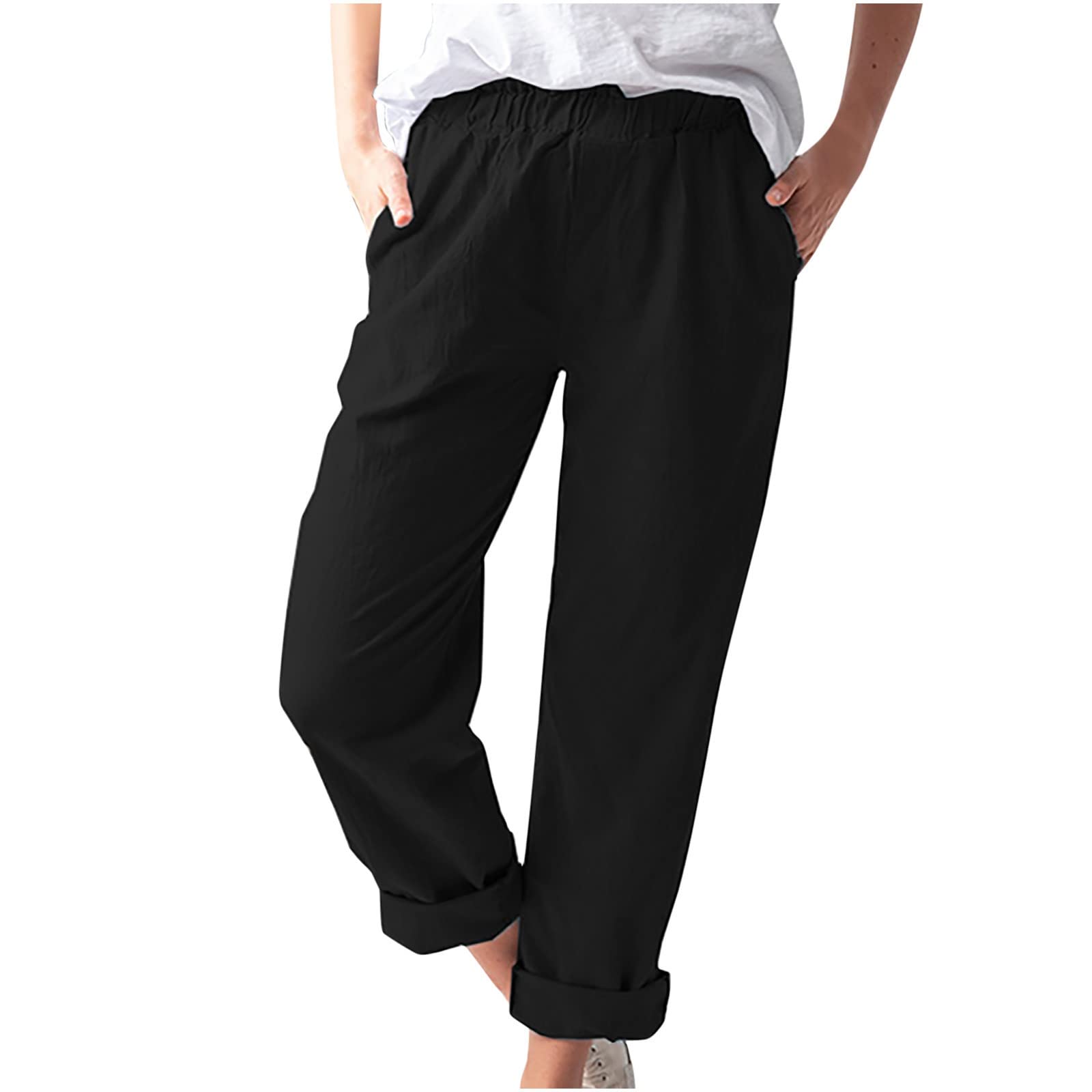 Casual Pants for Women Summer Elastic High Waisted Beach Long Pant Loose Fit Comfy Straight Leg Trousers with Pocket Black