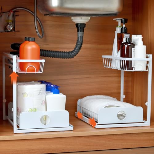 FUNYKICH Paquete de 2 organizadores y almacenamiento ajustables en altura para debajo del fregadero, estante organizador de gabinete extraíble de 2 niveles para cocina, baño, armario, despensa, color