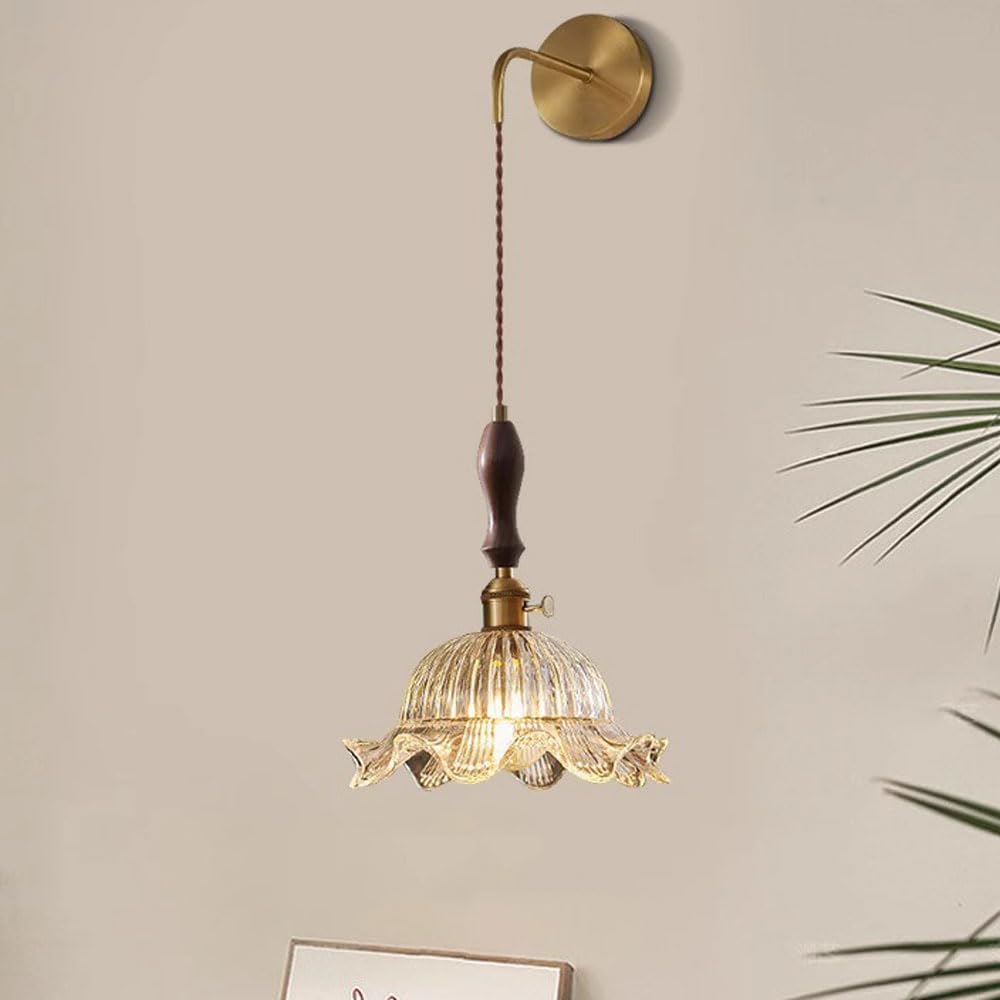 HUAYUSEDF Vintage Hanging Wall Sconce Brass Nordic Modern Flower Mounted Hardwired Antique Mid Century Light Fixtures Clear Glass Wood Farmhouse Lamp for Bedroom Living Room Bedside(B)