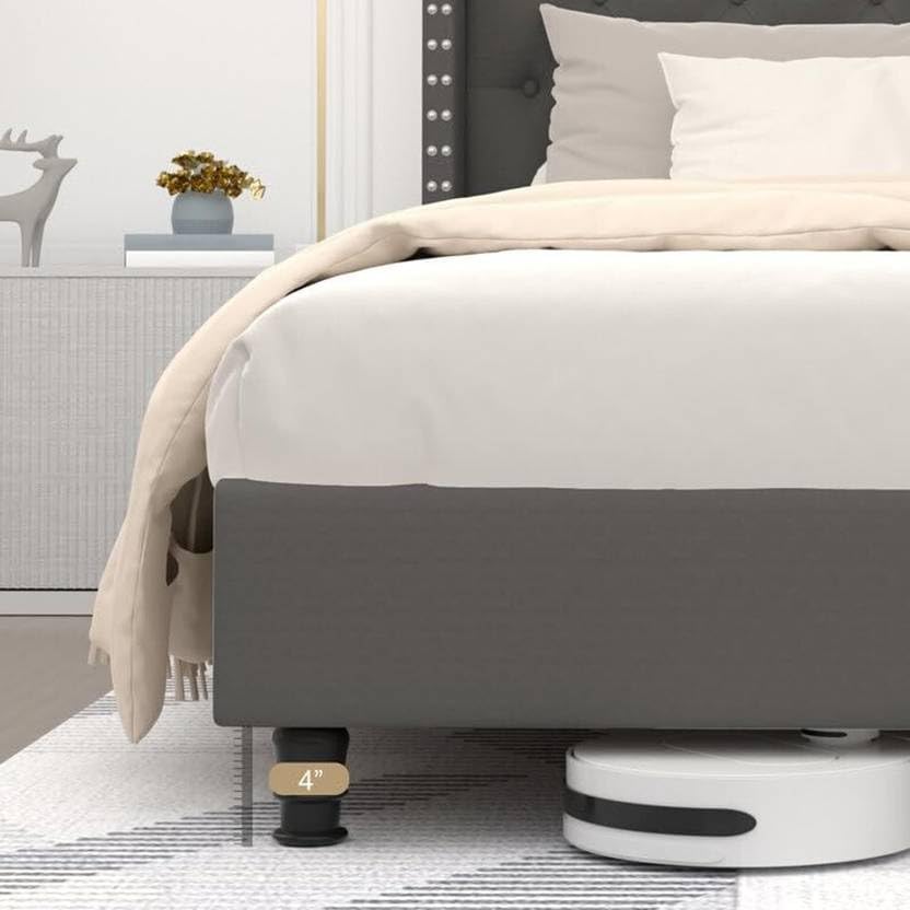 Image of Custom Decor Fabric Upholstered King Size Bed with Button Tufted Headboard for Bedroom || Solid Wood Bed | (Grey Royal, King (U.K. Standard))