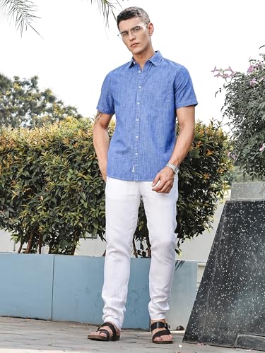 Image of Thomas Scott Men's | Solid | Linen Blend | Slim Fit | Short Sleeve | Spread Collar | Casual |Shirts for Men
