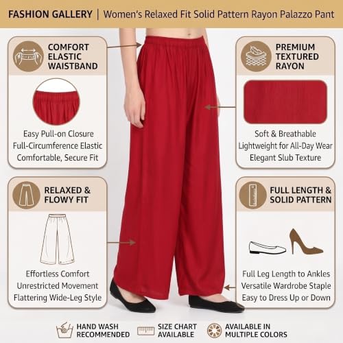 Image of FASHION GALLERY Women's Solid Rayon Palazzo Pants | Relaxed Fit Full Length Wide Leg Palazzo | Elastic Waist Comfortable Casual Lounge Office Ethnic Flared Trousers for Women