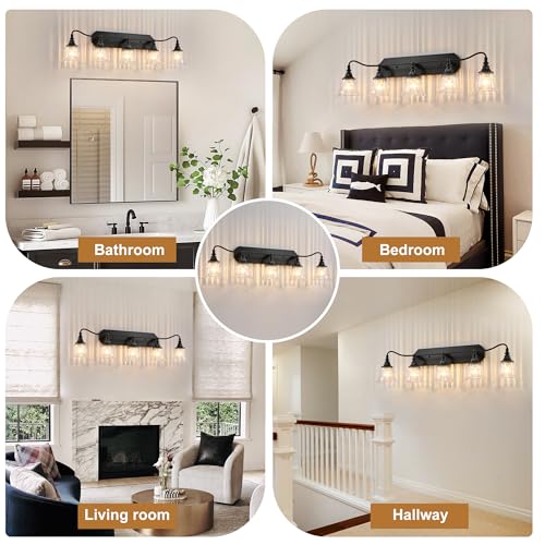 Image of LmnLvn Bathroom Vanity Black Vintage Light Fixture, 5 Lights Bathroom Lighting Matte Antique Brass Finish with Crystal Glass Shade, Black Vintage Vanity Light