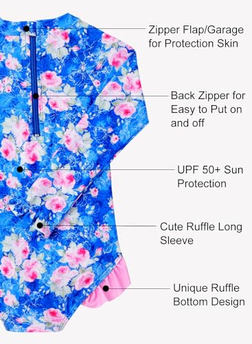 Image of Baby Toddler Girl Long Sleeve Ruffle Swimsuit One Piece Zipper Rash Guard Bathing Suit with UPF 50+ Sun Protection
