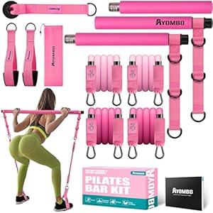 Pilates Bar Kit with Resistance Bands, Pilates Workout Equipment for Legs, Hip, Waist, Arm, Squats Exercise Equipment for Home Workouts, Adjustable 3-Section Pilates Bar Kit for Women & Men
