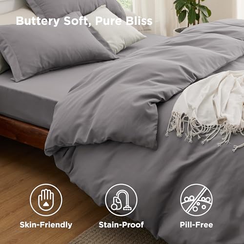 Image of Bedsure Duvet Cover with Fitted Sheet King - Deep Pocket, Hotel Luxury Soft Double Brushed Bedding Set with Zipper Closure, 1 Duvet Cover, 1 Fitted Sheet, 2 Pillow Shams, NO Comforter, Grey