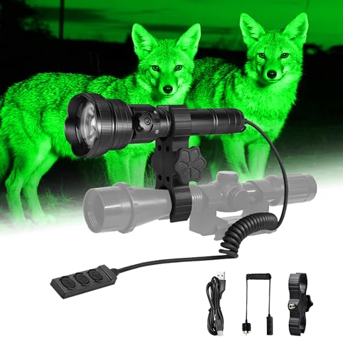 Brinyte T28 LED Zoomable Hunting Light, 3 Color in 1(Red, Green, White) Rechargeable Predator Flashlight with Pressure Switch Mount, IP66 Waterproof Coyote Light for Hogs Coon Varmint Hunting
