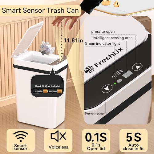 Image of FRESHLIX 3 Pack Bathroom Trash Can 2.6 Gallon Small Touchless Automatic Motion Sensor Trash Cans Slim Waterproof Garbage Bin with Lid for Kitchen, Office, Bedroom White