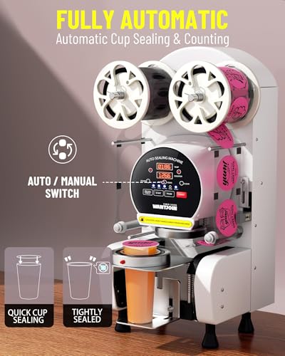 Image of WantJoin Full Automatic Cup Sealing Machine, 500-600 Cups /H Commercial Bubble Tea Cup Sealer, 89 /90 /95mm Cups up to 7.1 inch, Auto Feed & Film Alignment, Electric Boba Cup Sealer for PP PE PC Paper Cups