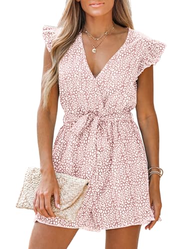 CUPSHE Damen Jumpsuit V-Ausschnitt Rüschen Strampler Leopard Flügelärmel Weites Bein Overall mit Gürtel Kurz Lose Hosena...
