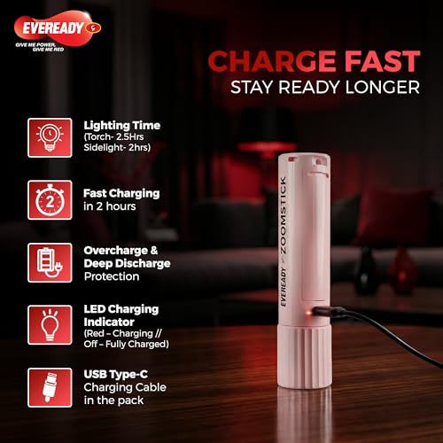 Image of Eveready DL105 Zoomstick 1W Front Torch Cum 1W Sidelight, Rechargeable, USB Type-C Fast Charging, Variable Focus, Replaceable Li-ion Battery