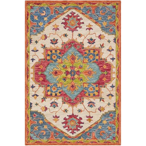 Image of Hand-Tufted Wool Carpet for Living Room 6x9 feet Ivory & Orange Traditional Design Anti-Skid High Pile Thick Carpet & Rugs for Bedroom & Hall