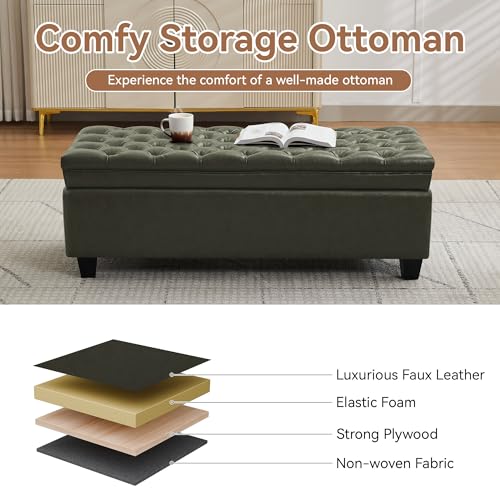 Image of WUTUTUEE 50 inch Faux Leather Storage Ottoman Bench, End of Bed Upholstered Rectangle Storage Ottoman Tufted Living Room Bedroom Bench with Safety Hinge, Solid Wood Legs, Loads 500 lb(Green)