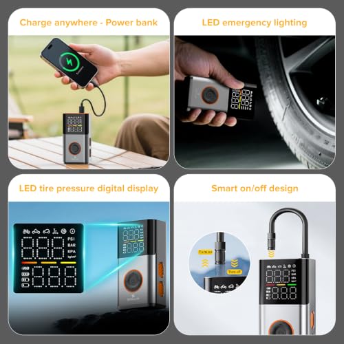 Image of Stellar Drive TP-X1 Tyre Inflator for Car, Bike, Motorcycle, Sports Ball | 70W Motor | Smart LCD Display | Auto Shut-Off | LED Flashlight | 12V Cordless Air Pump Compressor | 150 PSI