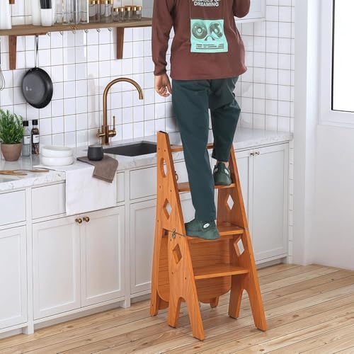 4-Step Wooden Folding Library Ladder Chair with Seat - Lightweight Portable Step Stool, Multifunctional Stepladders for Home, Office, Kitchen Display - White