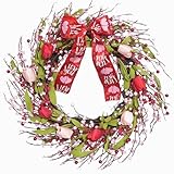 idyllic 22 Inch Valentine's Day Pink Tulip Wreath with Bow, Valentines Decorations for Front Door Mantel Window Porch Indoors Outside Wedding Anniversary Decor