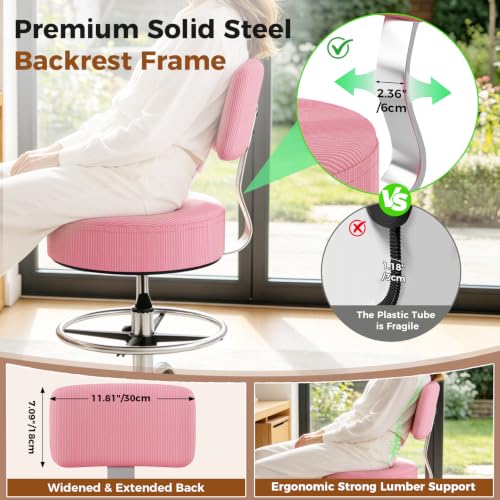 Image of Office Drafting Chair with Footrest, Tall Height Adjustable Stool with Back Support, Heavy Duty Rolling Stool Chair with Wheels for Office Home Kitchen Bar Shop Guitar Studio Vanity, Pink