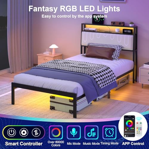 Image of J.Fkne Twin Bed Frames with LED Lights & Charging Station, Metal Platform Frame with Upholstered Headboard, No Box Spring Needed, Noise Free, Easy Assembly