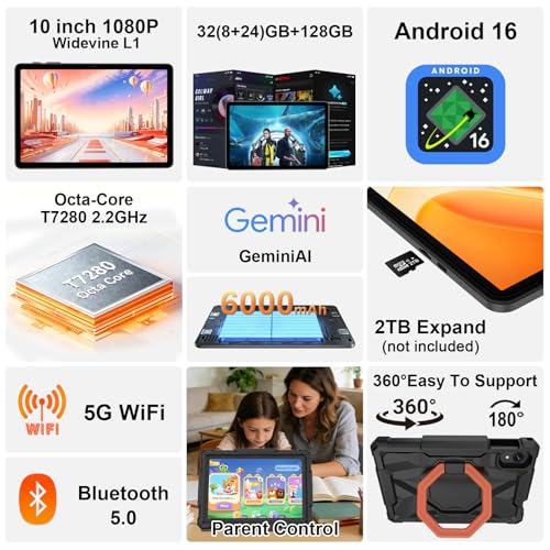 Image of EHFiDC Tablet 10 Inch Android 16 Tablets, 32GB RAM 128GB ROM 2TB Expand, 2.2GHz Octa-Core, 6000mAh, 5G WiFi, HD IPS Display, Widevine L1, Drop-Proof EVA Case