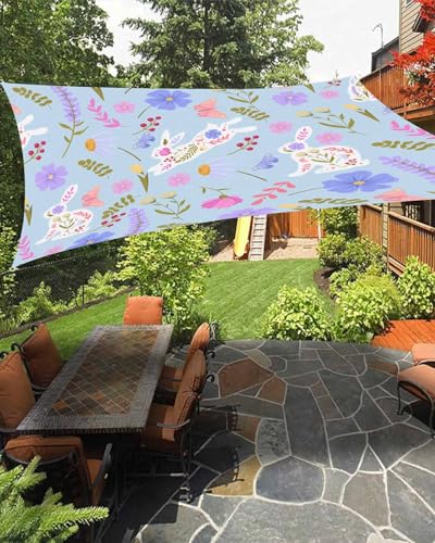 Blue Spring Floral Easter Sun Shade Sail Waterproof Rectangle, UV Block Sail Shade Canopy Awning Outdoor Oxoford Privacy Shade Cover for Patio Pergola Deck Backyard 6.5'x10' Watercolor Bunny Botanical