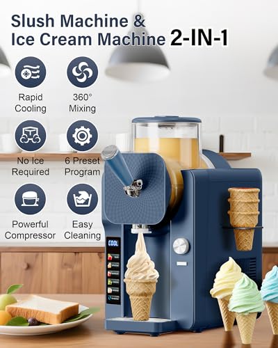 Image of 2-in-1 Slush and Ice Cream Maker - 6 Modes for Smoothies, Milkshakes, Cocktails, Margaritas, and Ice Cream, Double-Layer Tank, Ice Cream Cone Holder, Self-Cleaning - Perfect for Home Use
