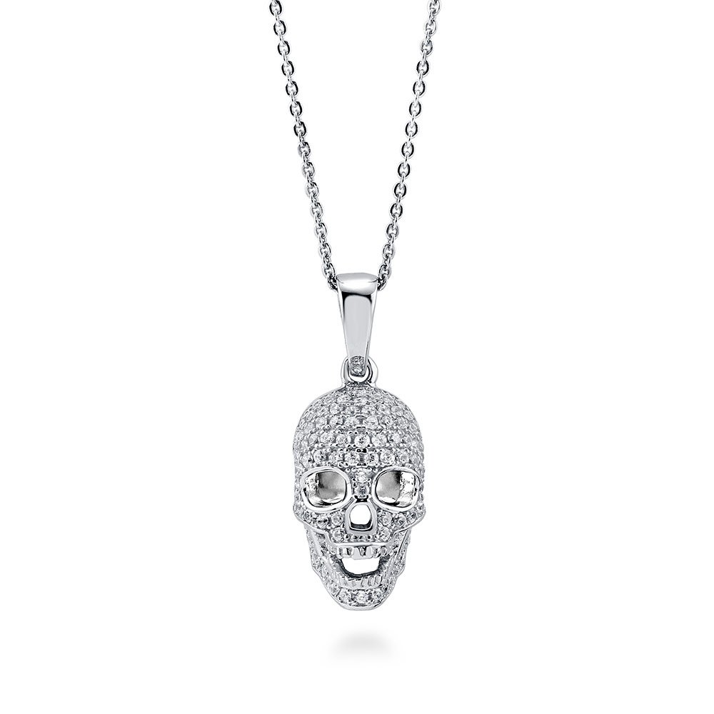BERRICLE Sterling Silver Skull Bones Cubic Zirconia CZ Fashion Pendant Necklace for Women, Rhodium Plated 18 inch
