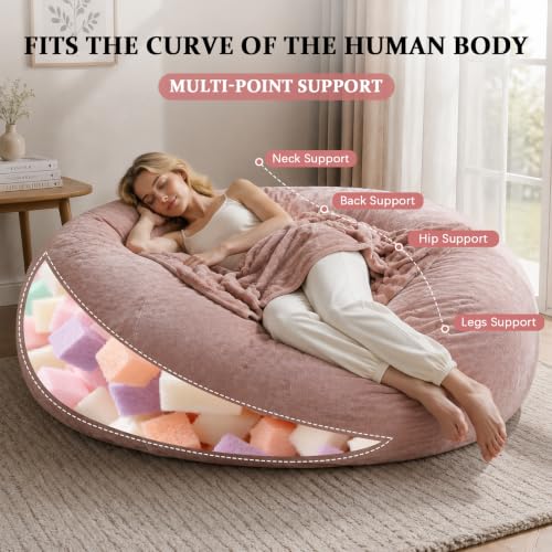 Image of Jumbo Bean Bag Chair for Adults,6FT,Bean Bags with Filler Included,Memory Foam Chair,Removable and Washable Flannel Cover, Suitable for Living Room, Bedroom and Dormitory. (Pink, 6 Foot)
