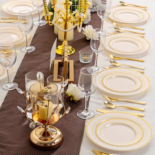 Image of I00000 200 Pcs Gold and Ivory Plastic Plates, Ivory Disposable Party Plates Include 100 Dinner Plate 10'' and 100 Plastic Dessert Plate 7'' Perfect for Birthday, Party & Wedding