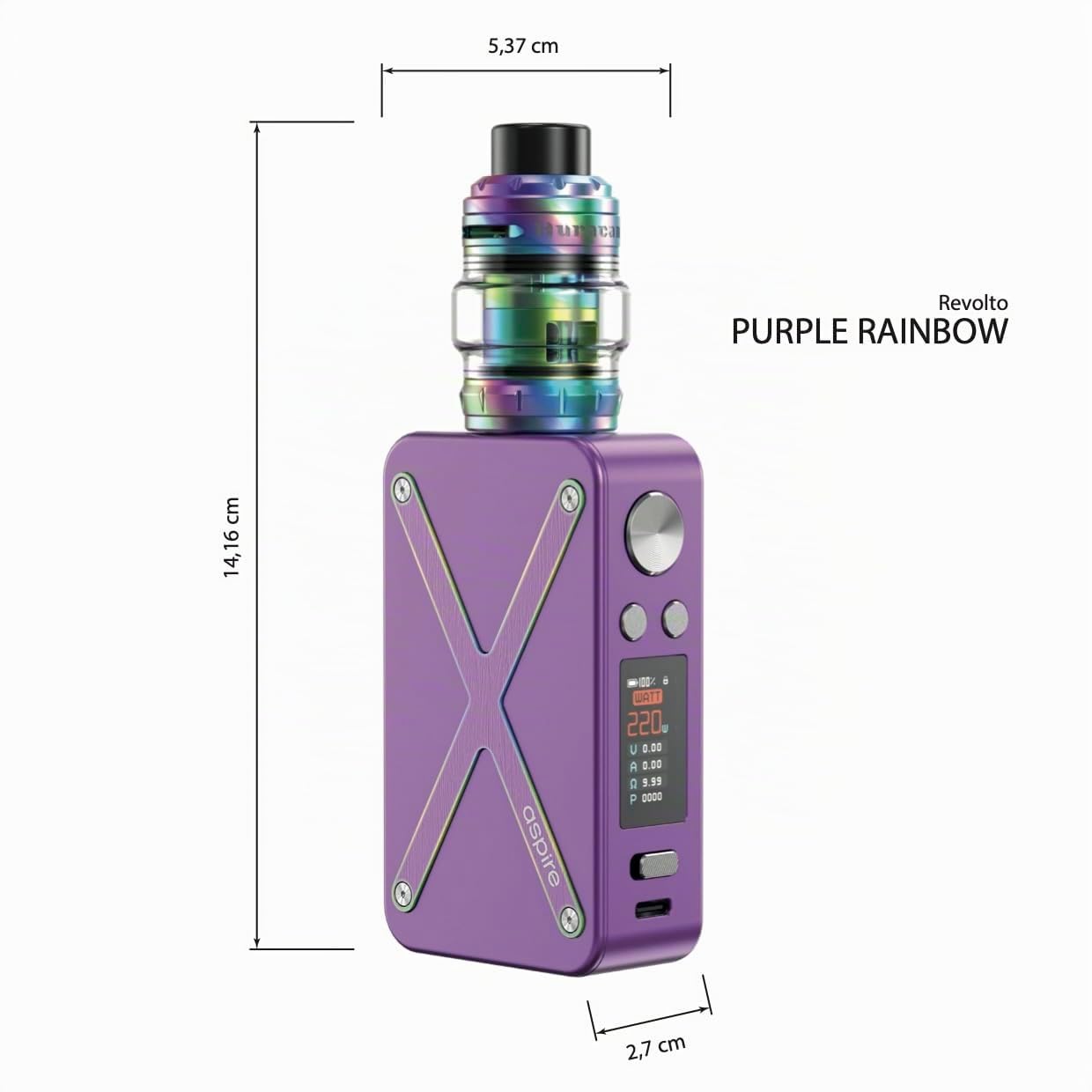 Aspire Revolto Sigaretta Elettronica 220W per Svapo Polmonare - Kit Dual Battery 18650, Display 0,96", Huracan Tank 6ml e BP Coil 0.17Ω - 0.3Ω - Senza Sticks, E-liquids, Ricariche (Purple Rainbow)