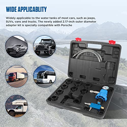 Upgraded Coolant Vacuum Refill Tool Kit Engine Cooling System Vacuum Purge & Refill Kit Upgraded Coolant Pressure Test Kit With 8 Rubber Sleeves & 2 Universal Adapter Cone Plug (With Carrying Case) #TOP6