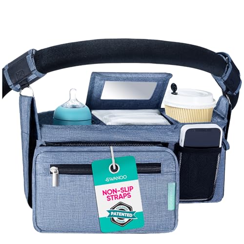 Image of Swanoo Stroller Caddy Organizer With Cup Holder, Non-Slip Straps, Bag for Phone, Pet Accessories, Universal Fits Uppababby Vista v2 Wonderfold Wagon, Doona and More