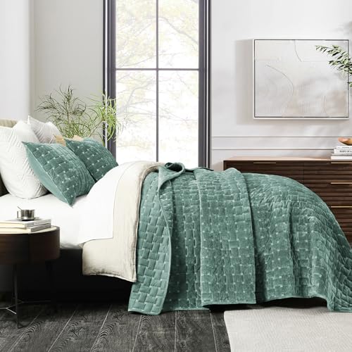 Image of Grassix Velvet Quilt Set Queen Size, Luxury Geometric Design, Aqua Green