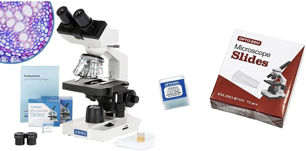 OMAX 40X-2000X LED Binocular Microscope Bundle with Slides, Cover Slips & Cleaning Paper