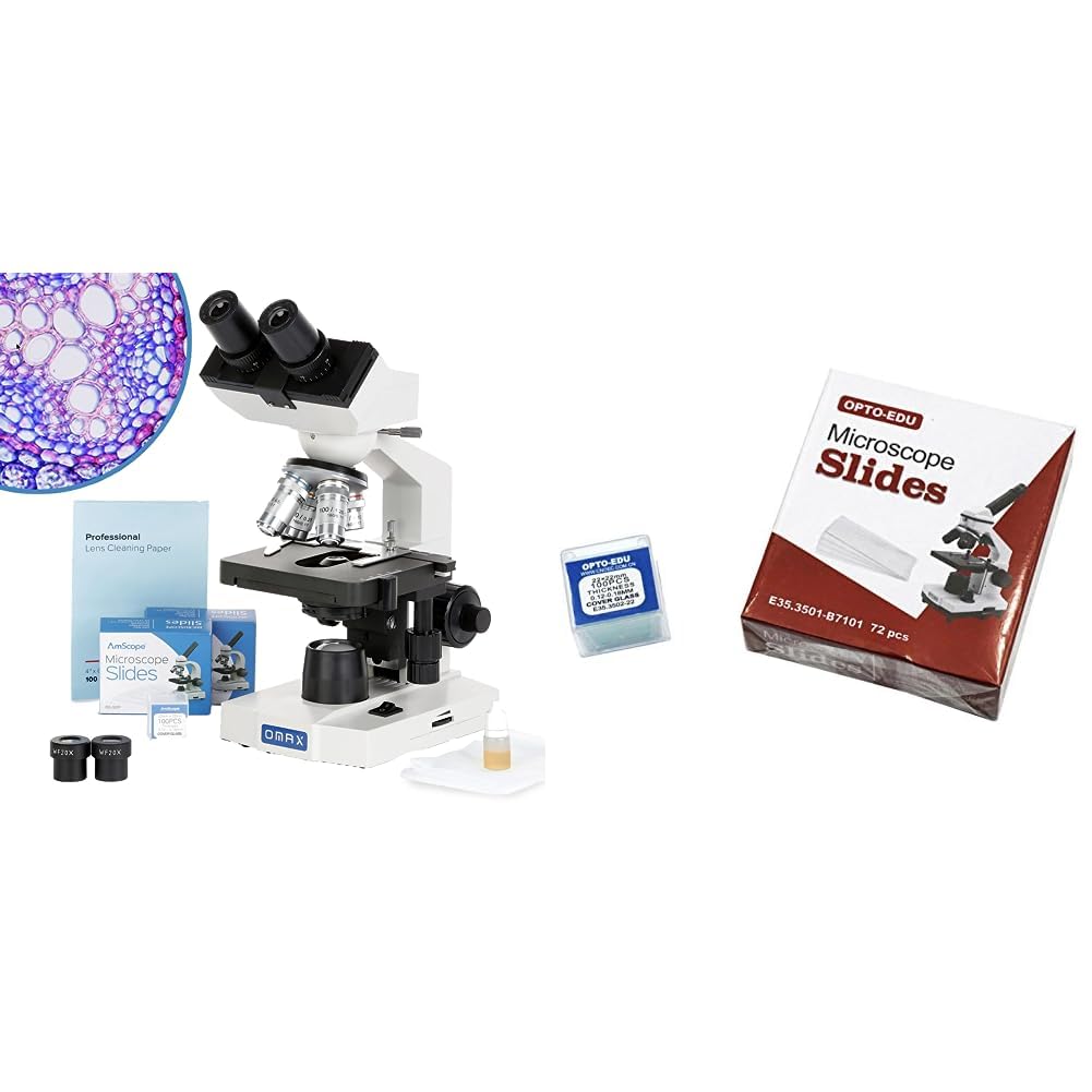 OMAX 40X-2000X LED Binocular Microscope Bundle with Slides, Cover Slips & Cleaning Paper