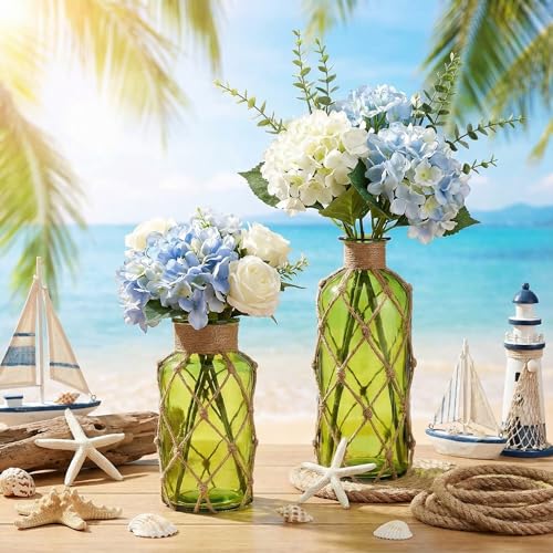 Image of Chuangdi Set of 2 Coastal Glass Flower Vase with Boho Rope, Olive Green
