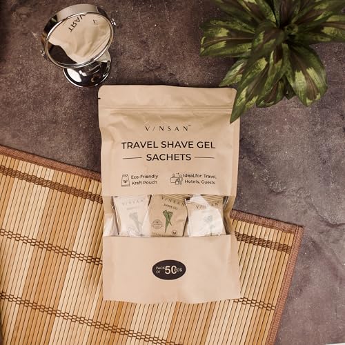 Image of Pack-50 4gm Herbal Shave Gel Sustainable Travel Shaving Gel Sachets - Plastic-free, Biodegradable in Eco-Friendly Kraft Pouch - Ideal for Hotels, Guests, Travel Kits - Smooth Glide Formula