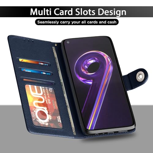 Image of Pikkme Flip Cover Leather Finish | Inside TPU with Card Pockets | Wallet Stand and Shock Proof | Complete Protection Button Flip Case for Realme 9 Pro (Blue)