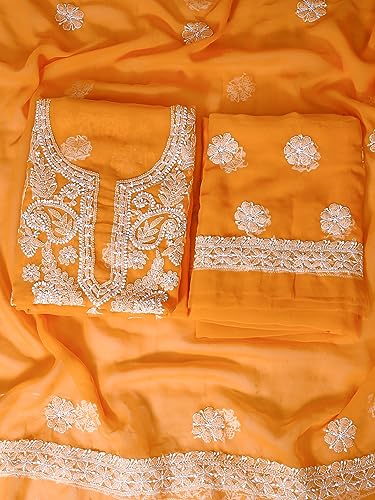 Image of Ada Hand Embroidered Lucknow Chikankari Unstitched Georgette Dress Material Suit Set for Women