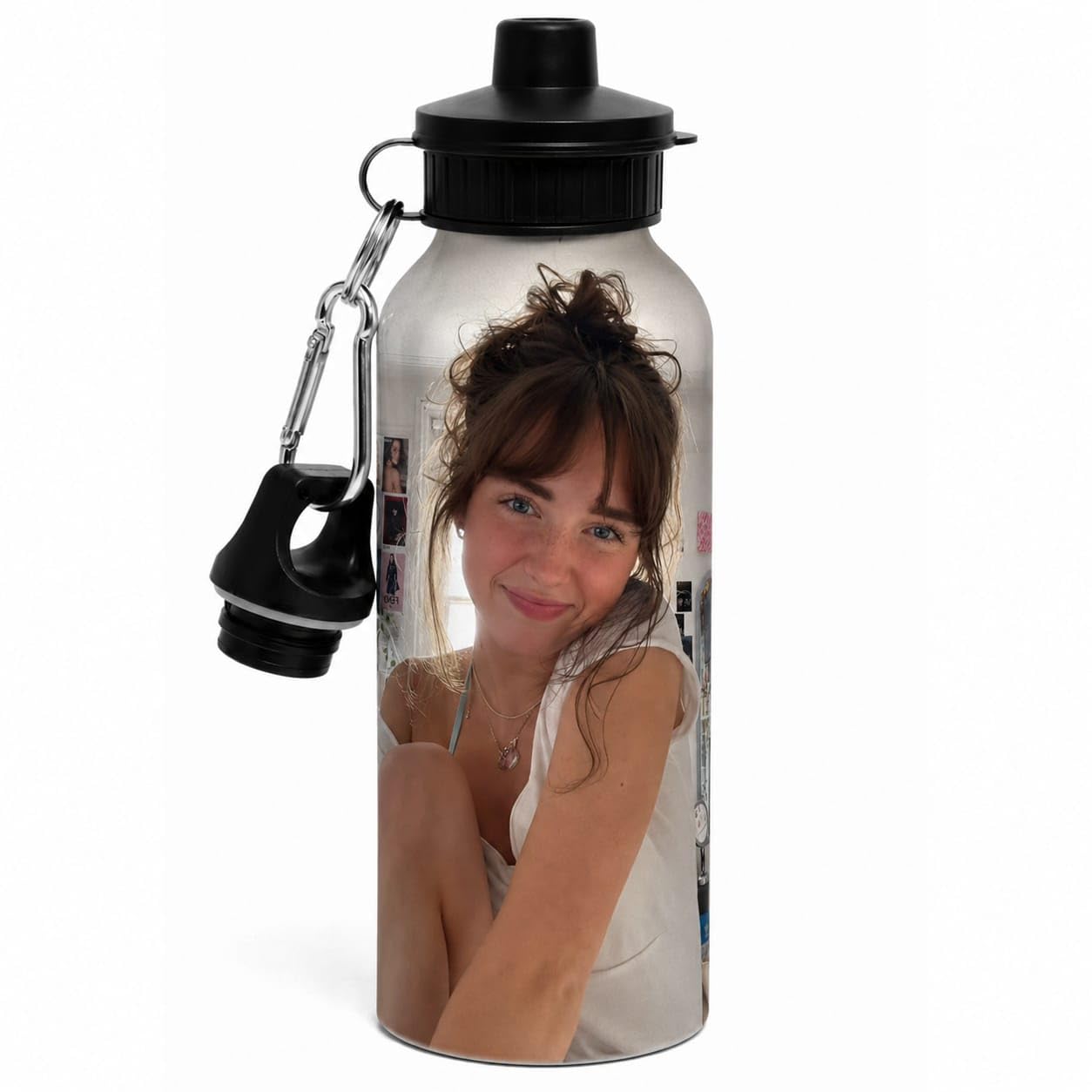 Custom Photo Water Bottle, Personalised Aluminium with Carabiner