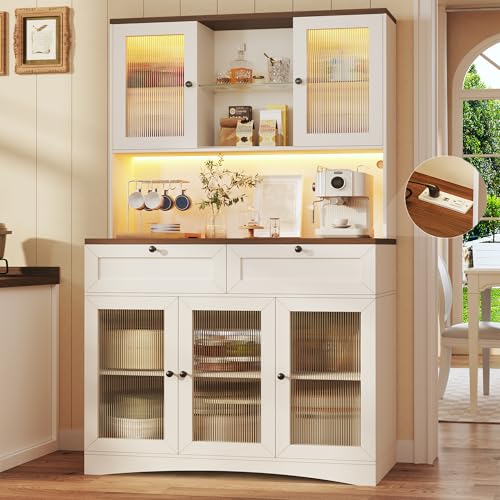 Image of HUAHUU 71 inch Kitchen Pantry Cabinet with Lights & Acrylic Doors, Pantry Storage Cabinet with Microwave Stand, Kitchen Hutch Food Cabinets with Charging Station, Adjustable Shelves, White