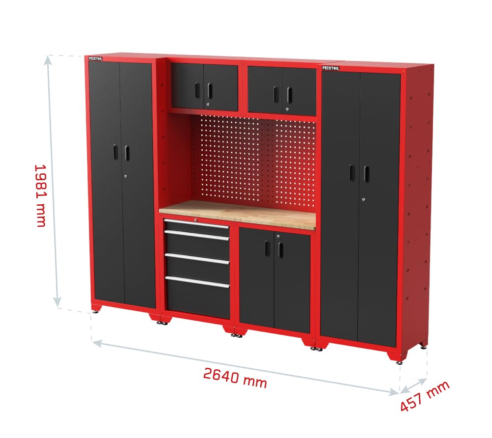 Werkstatteinrichtung | Werkzeugschrank Juno 14 | inkl. Lochwand | Schwarz/Rot | 264x46x198 cm