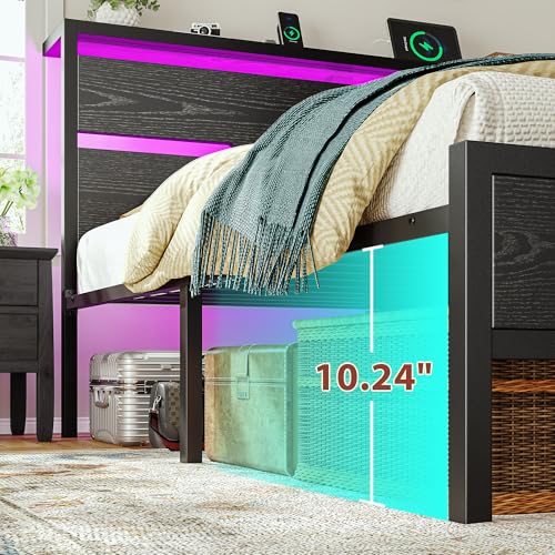 Image of Homkdom Full Size Bed Frame with 900LBS Heavy-Duty Metal Slats,USB Ports & LED Lights,Headboard Shelf, 10.24 inch Underbed Storage, Noise-Free, No Box Spring Needed, Modern Black